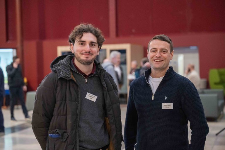 Cian Twomey (ESB) and Jonathan Regan (H&MV) at the PowerGRID 2025 Conference at Munster Technological University (MTU), Bishopstown Campus, Cork, on January 9, 2025. The conference addresses the challenge of upgrading the electricity grid to meet climate change objectives with renewable energy integration and increasing electrical loads due to the sustainable electrification of transport and heating.

Photo: Joleen Cronin