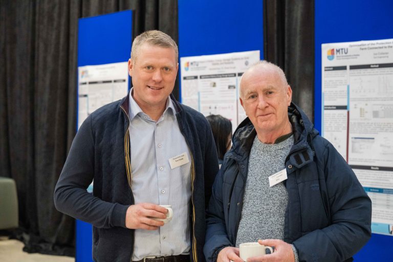 Tom Foody and Philip Cuneen (MTU) at the PowerGRID 2025 Conference at Munster Technological University (MTU), Bishopstown Campus, Cork, on January 9, 2025. The conference addresses the challenge of upgrading the electricity grid to meet climate change objectives with renewable energy integration and increasing electrical loads due to the sustainable electrification of transport and heating.

Photo: Joleen Cronin
